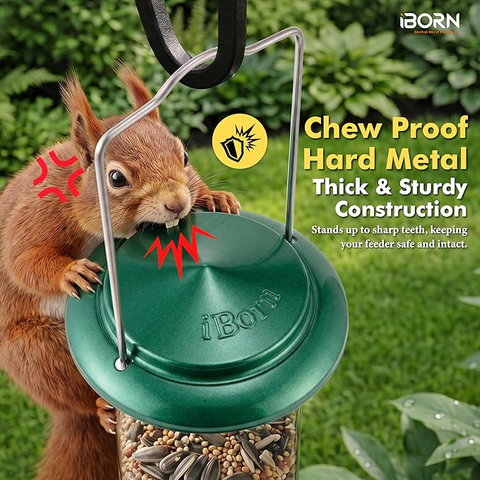 iBorn Metal Bird Feeders 6 Ports Hanging Wild Bird Seed Feeder for Mix Seed Blends, Seed Feeder, Sunflower Heart, Birdbath, Heavy Duty All Metal Green Finishing 15 Inch 6Port,Gift Box
