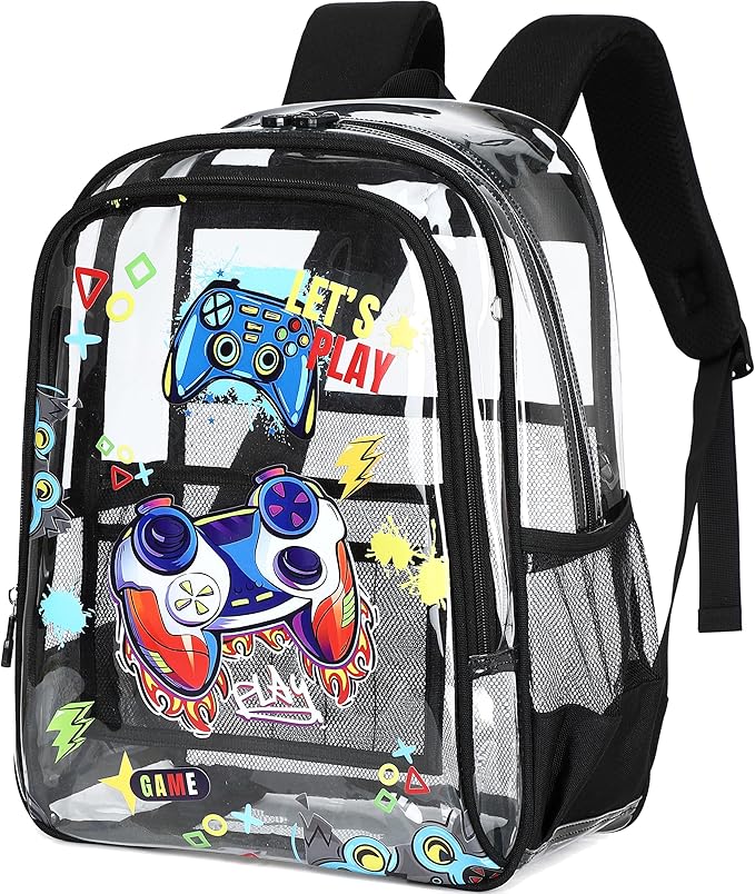 AO ALI VICTORY Clear Backpack for School,PVC Transparent Kids Bookbag for Girls Boys Cute Toddler Back Pack Kindergarten Elementary Schoolbag Stadium Approved See Through Backpacks,Black Gamer