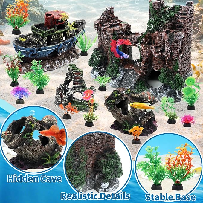 16 Pieces Large Fish Tank Decorations Kit Resin Aquarium Castle | Broken Barrel Hideout Rock Cave Fish Tank Decor Artificial Plastic Plant Ornaments Accessories