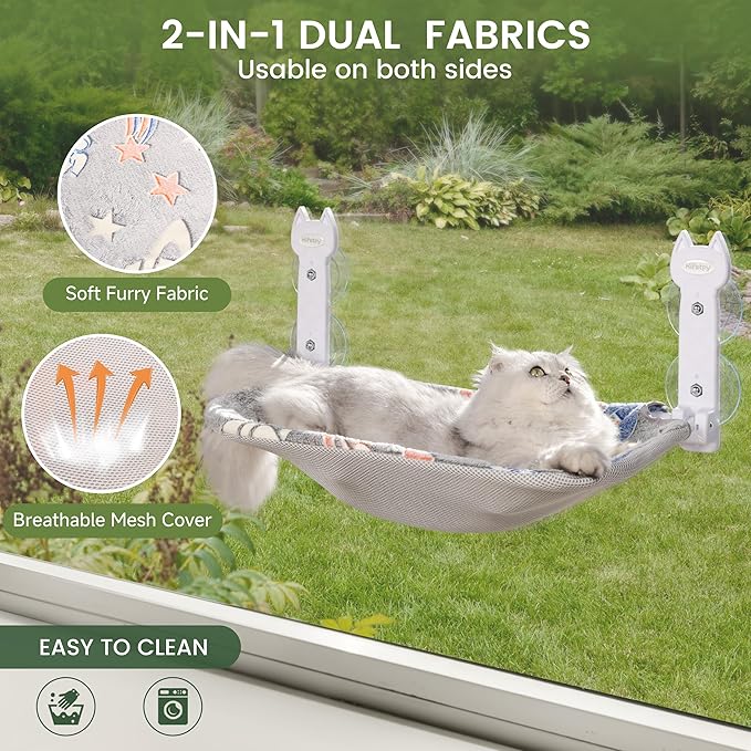 HiPetpy Cat Window Perch, Glow in The Dark Foldable Cat Hammock with Sunken Design & Removable Soft Cover, Breathable Cordless Window Bed for Resting Indoor Kitten (Shallow Perch, 1 Pack - M)