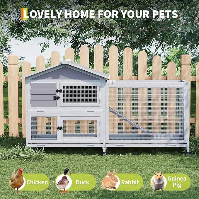 GarveeTech 63" 2-Story Wooden Rabbit Hutch Indoor, Large Bunny Cage Outdoor with 6 Lockable Wheels, Pull-Out Tray & Weatherproof Roof, Small Animal Cage for Rabbit Guinea Pig Chicken Duck, Grey