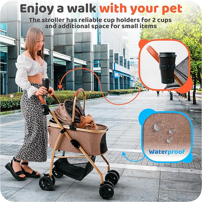 Pet Stroller for Small Medium Dogs & Cats – 2-in-1 Detachable Carrier, Zipperless Entry, Lightweight Folding Travel Stroller with Storage Basket, Cup Holder, Brown