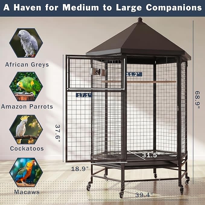 69" Extra Large Bird Cage for Parrots, Heavy Duty Metal Aviary on Wheels with Rolling Stand & Slide-Out Trays for African Greys, Cockatoos, Conures, Macaws, Indoor Outdoor, Black