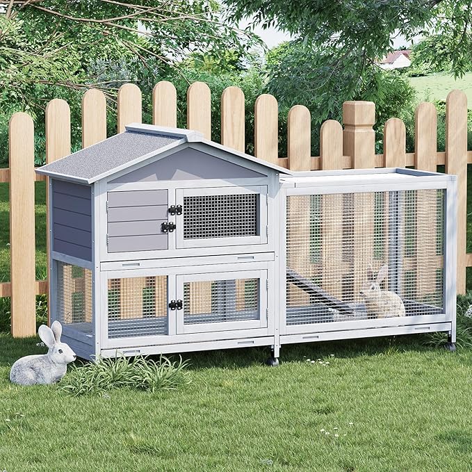 GarveeTech 63" 2-Story Wooden Rabbit Hutch Indoor, Large Bunny Cage Outdoor with 6 Lockable Wheels, Pull-Out Tray & Weatherproof Roof, Small Animal Cage for Rabbit Guinea Pig Chicken Duck, Grey