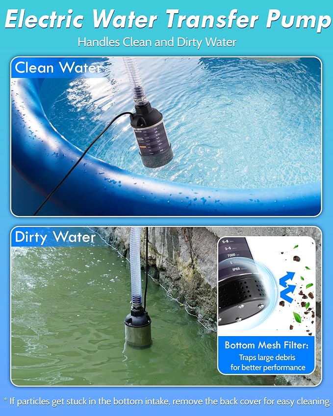 12V DC Submersible Water Transfer Pump w/ 6.6ft Water Hose, Power Button and Battery Clamps, 1100GPH Battery Powered Sump Pump, Portable Submersible Utility Pump for Camping, Rain Barrel