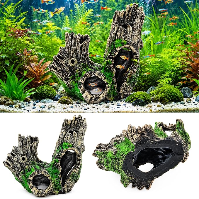Natural Driftwood Cave Aquarium Decor, Tree Trunk Fish & Reptile Hideout | Lightweight Natural Resin Trunk Hideout, Low Maintenance for Small Fish & Reptiles, Suitable for Fresh & Saltwater