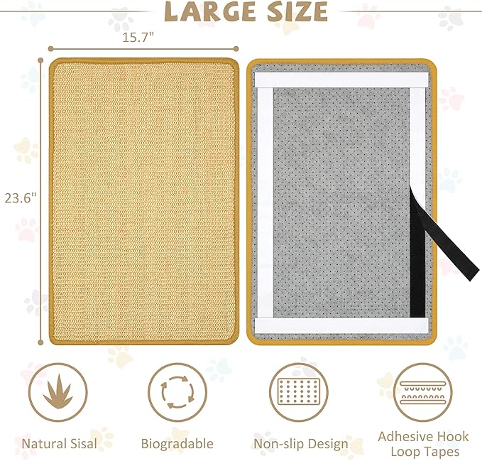 Graciadeco Carpet Cat Scratching Mat Sisal, 2 Packs Sisal Fabric Large 23.6" x 15.7" Scratching Pad for Indoor Cats with Adhesive Hook Loop Tape, Cat Scratching Rug Wall Scratchers for Indoor