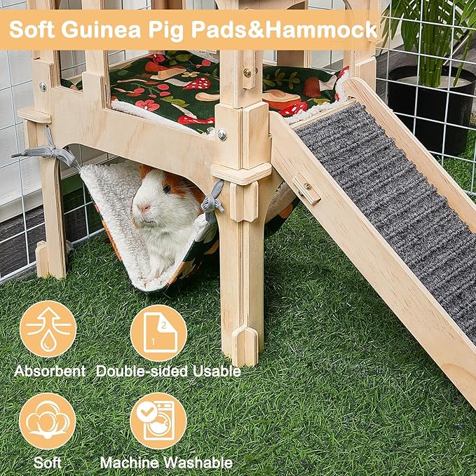 Bienbee Guinea Pig Hideout, Large Wooden Guinea Pig Castle with Stair, Hammock and Mat, Detachable Double-Decker Guinea Pigs House for Bunny Hamster Chinchilla Ferret Rabbit Guinea Pigs Accessories