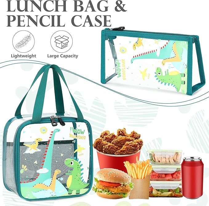 AO ALI VICTORY Clear Backpack for Boys Girls,15.6 Inch Kids Clear Backpack Set with Lunch Bag Pencil Case PVC Elementary Bookbag School Student See Through Transparent Travel Back Pack,Green Dinosaur