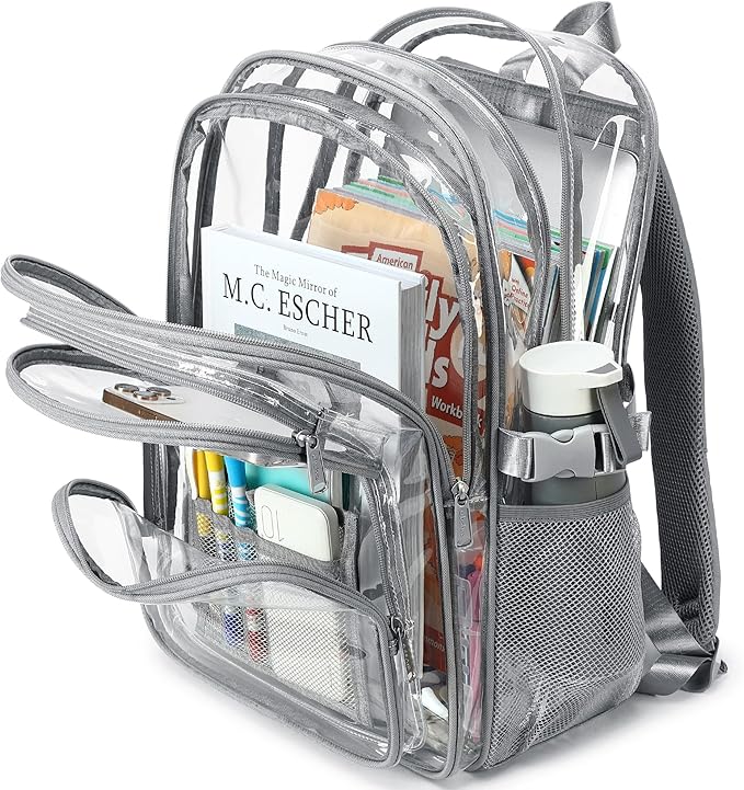 abshoo Large Heavy Duty Clear Backpack For School Bookbag Transparent Multi Pocket Backpacks (Grey)