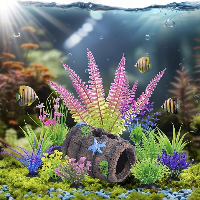 Ameliade 11 Aquarium Plants & Fish Tank Broken Barrel Cave Decorations Set | Broken Barrel Cave and Soft Artificial Plastic Plants Decor Accessories for Betta Goldfish Tank, Small Fish Bowl Ornaments
