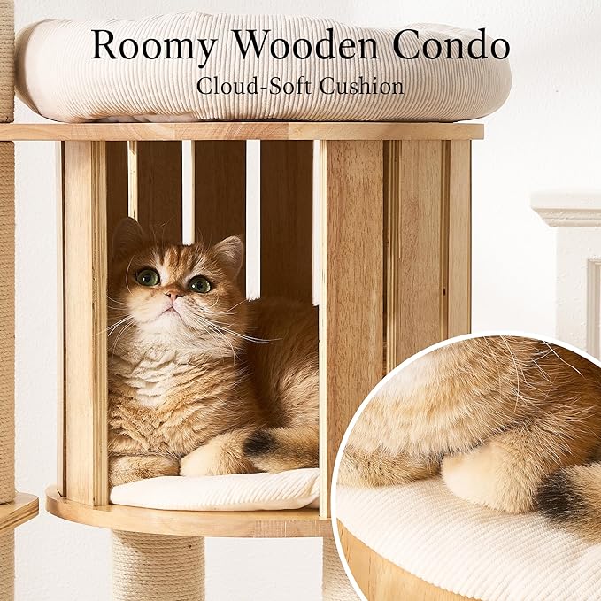 797Audio Wood Modern Cat Tree, 61.5" Cat Tower with Sisal Scratching Posts, Cat Condo, Capsule,Hamnock and Spinner Toy, Solid Wooden Aesthetic Multi-Level Cat Climbing Tree for Adult Indoor Cats-White