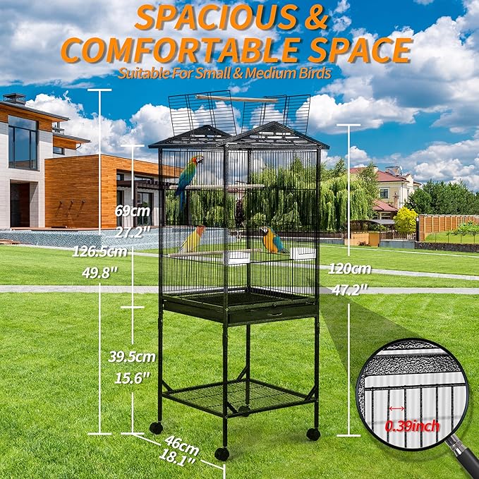WeGear Bird Cage 47 inch Wrought Iron Parakeets Cage with Play Open Top and Rolling Stand Medium Small Bird Cage for Parrots, Budgerigars, Parakeets, Cockatiels, Lovebirds
