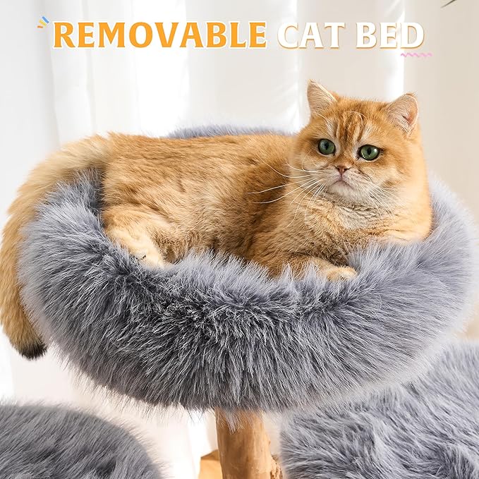 HITTITE Natural Wood Cat Tree Tower with Scratching Post, 40 Inches Tall Modern Cat Tower with Cozy Bed and Condo, Luxury Real Branch Cat Tree for Indoor Cats Large Adult, Grey.