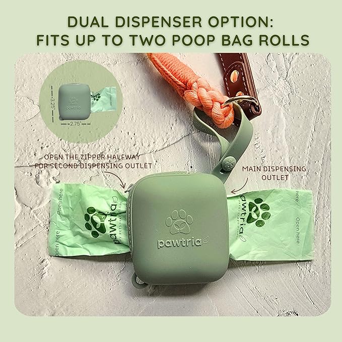 Pawtria Walk Duo Set: Certified Home Compostable Dog Poop Bags (120) + Premium Silicone Dog Poop Bag Dispenser (3.25"H X 2.75"L), BPA-Free, Leak-Proof, Light, Durable, Supports Rescue Dogs