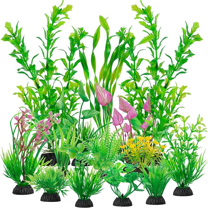 Ameliade 14 PCS Soft Plastic Aquarium Plants Green Fish Tank Decor Set | Aquarium Decorations and Accessories, Small Fish Bowl Artificial Safe Ornaments for Betta Goldfish and Turtle