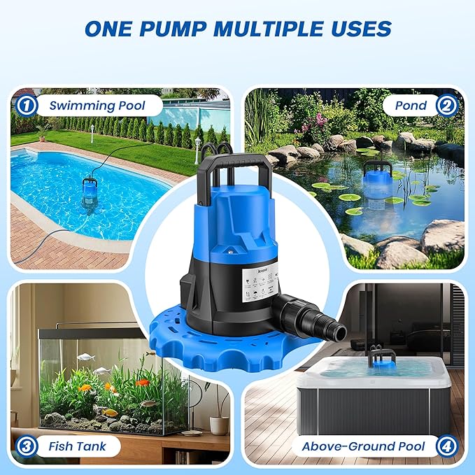1 HP Automatic Pool Cover Pump 5000 GPH - Submersible Water Removal Pump with 26ft Power Cord & 3/4” Check Valve for Pool, Hot Tubs, Rooftops, Water Beds and more (2026 Upgrade）