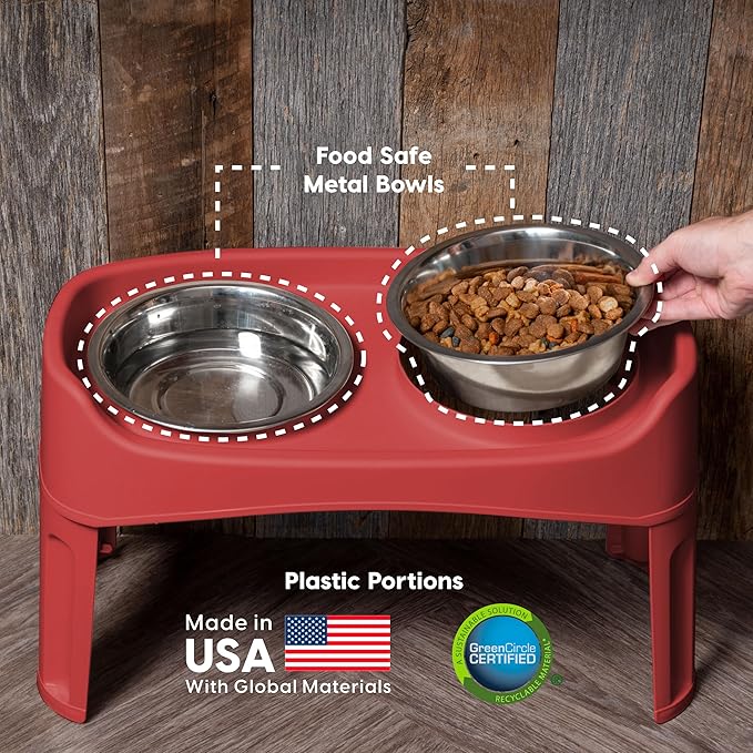 IRIS USA Elevated Dog Bowls Adjustable Stand, Raised Feeding Station with 2 Stainless Steel 64 oz Bowls, Spill Guard, Dual Height 12.25" or 4.63", Made in USA, Red