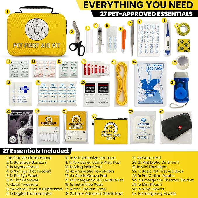 Dog and Cat First Aid Kit – Vet Approved, 74 Essential Items Pet Emergency Kit Accessories for Car, Travel, Hunting, Hiking & Camping Gear with Mini Pouch for Home, Office & Outdoor Adventures
