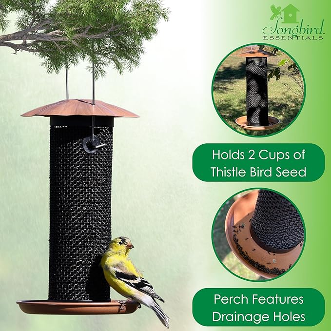 Songbird Essentials Gold Finch Feeder for Outdoor Hanging - Petite Nyjer Thistle Seed Feeder - All Metal - for Finches and Buntings for Outdoor Garden - Brushed Copper