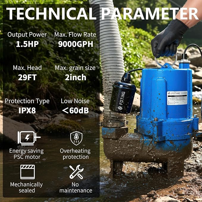 FOTING 1.5HP 9000GPH Sump Pump Submersible Sewage/Effluent Pump | Heavy Duty Cast Iron Automatic/Manual, 2'' NPT Discharge Septic Pump for Sump Basin/Residential/Sewage/Basement, Blue
