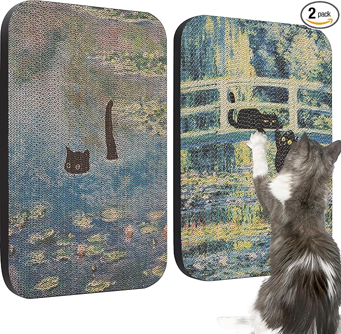 2 Pack Art Cat Scratcher, Wall-Mountable Cat Scratch Pad, Wall Cat Scratcher 16.7x11x1 Inch Cat Scratching Board for Indoor Cats Toy(Pond & Bridge)