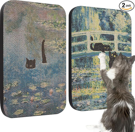 2 Pack Art Cat Scratcher, Wall-Mountable Cat Scratch Pad, Wall Cat Scratcher 16.7x11x1 Inch Cat Scratching Board for Indoor Cats Toy(Pond & Bridge)