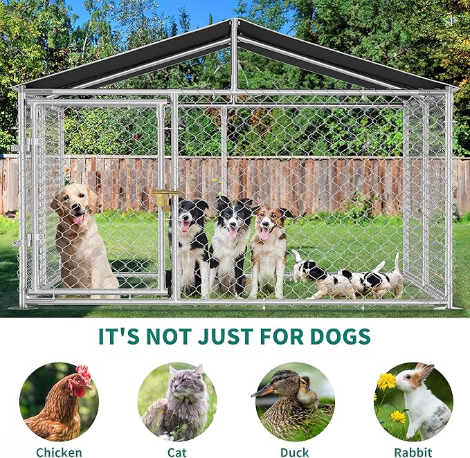 YITAHOME Outdoor Dog Enclosure with Metal Dog Gate, 7.5'x7.5' Dog Kennel Outside with Roof, Dog Fence Outdoor for Yard