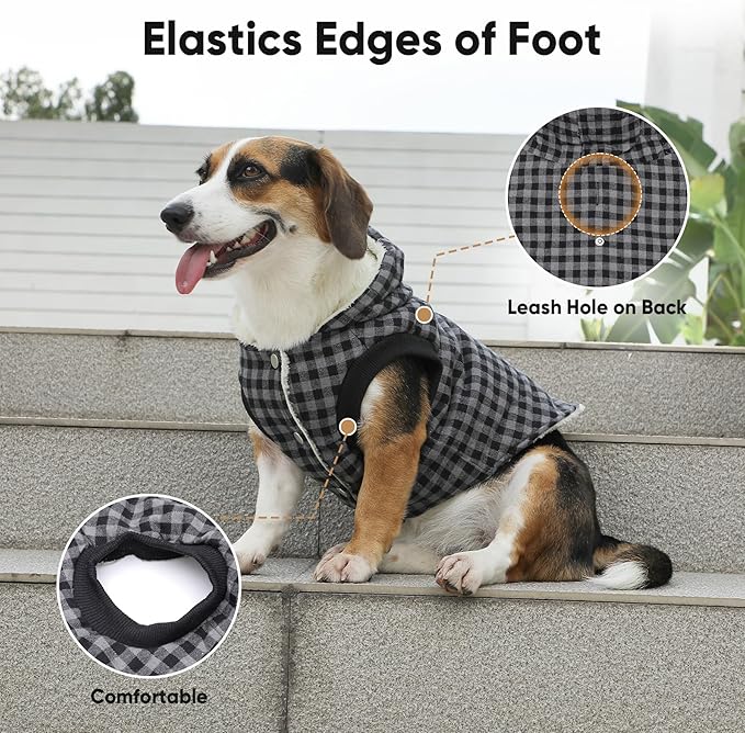 Vecomfy Fleece Lining Dog Hoodie for Small Dogs Extra Warm Plaid Sweater with Drawstring Hooded Coats in Winter Puppy Jacket,Black XS
