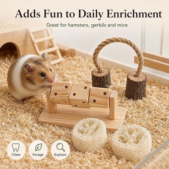 4 in 1 Hamster Chew Toy Set, Wooden Foraging Toy with Rotating Cubes, Apple Wood Chew and 2 Loofah Chews for Hamsters, Gerbils, Mice, Small Animals