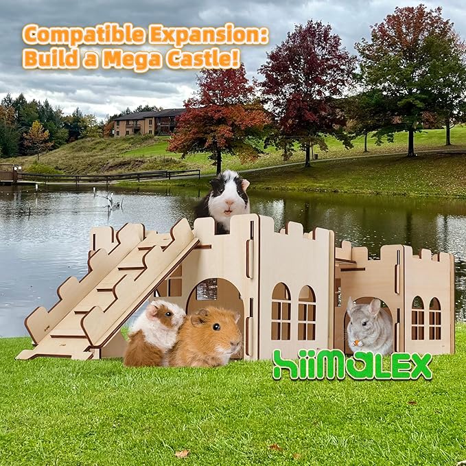 HIIMALEX Sturdy Guinea Pig Hideout Wooden Castle for Guinea Pig Chinchilla Hedgehog Gerbil Hamster Rat House Habitat for Playing and Hiding (GPG-MT)