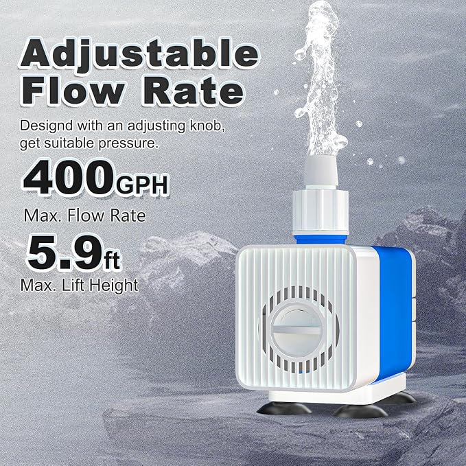 SongLong Submersible Pump 400GPH 6ft. High Lift for Fountains | Ultra Quiet, with Over Heating Protection, for Hydroponics, Ponds, Aquariums & More