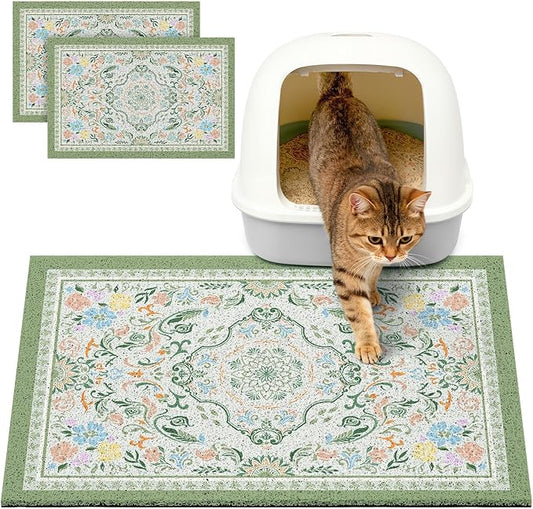 Glittme 2PCS Cat Litter Mat with Non-Slip Bottom Litter Box Mat 24"X15" Litter Trapping Mat Easy to Clean Washable Cat Food Mat for Kitty,S