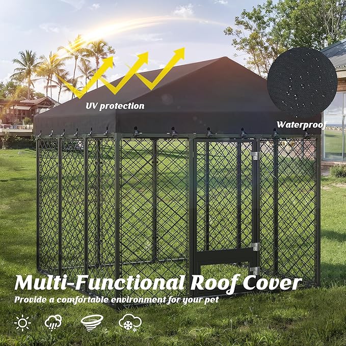 6x6FT Dog Kennel Outdoor with Roof - Heavy Duty Metal Fence Playpen for Large Dogs, Weatherproof Enclosure with Double Lock Gate & Feeding Swivel Door