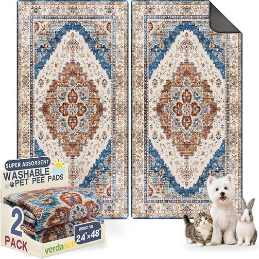 Washable Pee Pads for Dogs, Reusable Puppy Potty Training Pads, Ultra-Absorbent Thick Waterproof Leak-Proof Non-Slip Pads & Mat for Crate, Playpen, Floor, Whelping & Housebreaking , 2 Pack 24"x48"