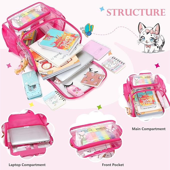 AO ALI VICTORY clear backpack Girls with Tote Bag Heavy Duty PVC Transparent Cute Backpack for Kids Toddler Preschool Bookbags Elementary School Bags See Through Casual Travel Daypack, Rose Red Set