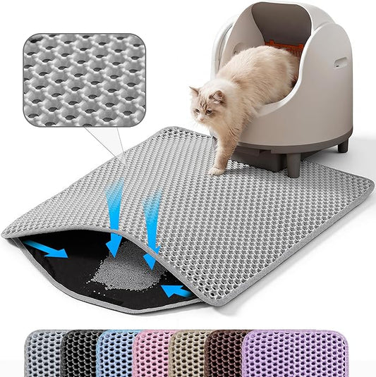 Extra Large Cat Litter Mat, 30x22 Inches Honeycomb Double Layer Cat Litter Trapping Mat, Non Slip Waterproof Urine Proof Large Kitty Litter Box Mat for Floor, Kitten Supplies, XL, Gray