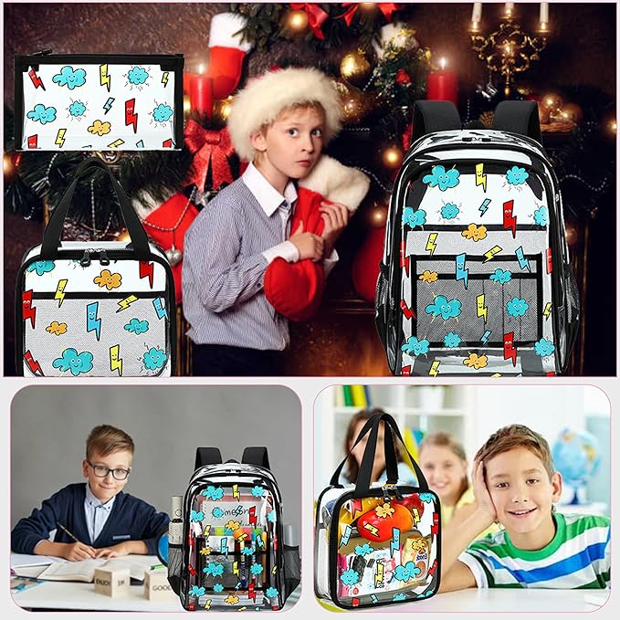 AO ALI VICTORY Clear Backpack for Boys Girls,16 Inch Kids Clear Backpack Set with Lunch Bag PVC Elementary Bookbag for School Students See Through Transparent Travel Back Pack,Black Lightning