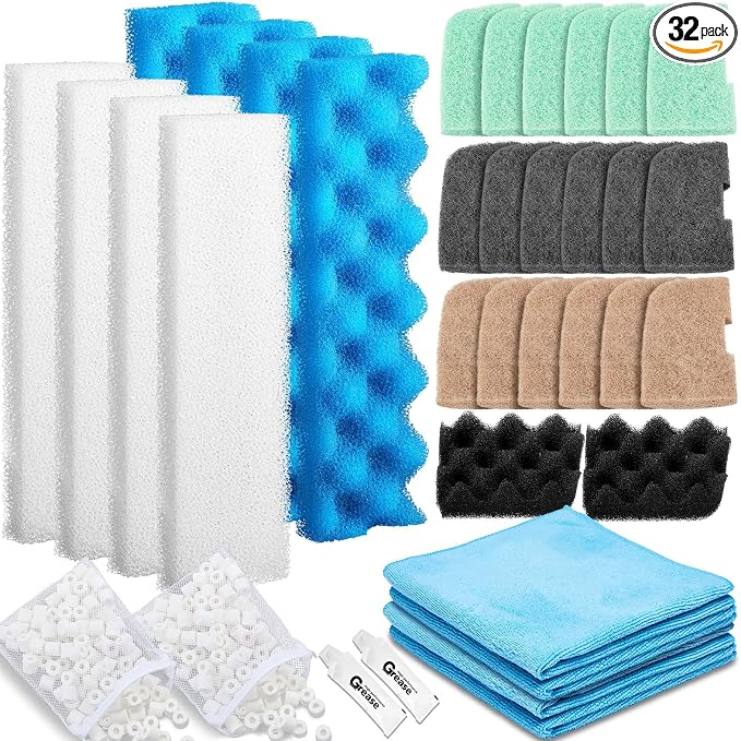 Threlaco 32 Pcs Filter Media Compatible with 406/407 Filters, Aquarium Replacement Maintenance Kit Including Biological Sponge, Ammonia/Phosphate/Nitrite Remover Pad, Aquarium Towel, Grease