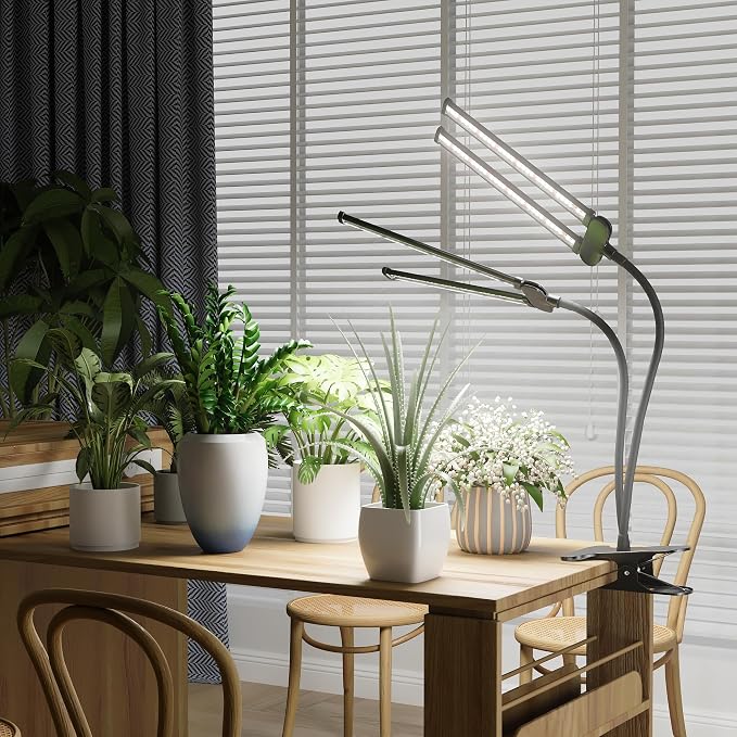 LED Grow Light,Super Bright 6000K White Full Spectrum Clip Plant Growing Lamp with Rotatable Dual Head for Indoor Desk Plants,Dimmable & Timer 4/8/12H,High Power Output for Faster Growth,2-Head