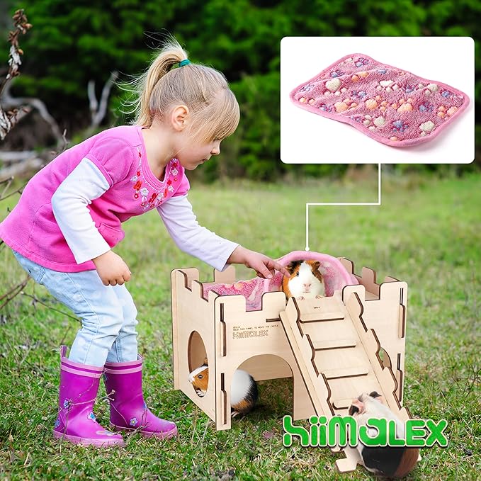 HIIMALEX Sturdy Guinea Pig Hideout Wooden Castle for Guinea Pig Chinchilla Hedgehog Gerbil Hamster Rat House Habitat for Playing and Hiding (GPG-MT)