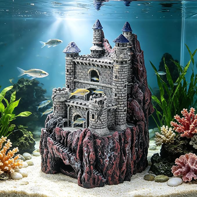 Teaeeno Age-of-Magic Wizard’s Castle Aquarium Décor-Resin for Freshwater and Saltwater Fish Tanks-Large House Ornament Kit -Gnome Fish Tank Decor Aquarium Decor-Charming Mermaid Decor Statue (Purple)