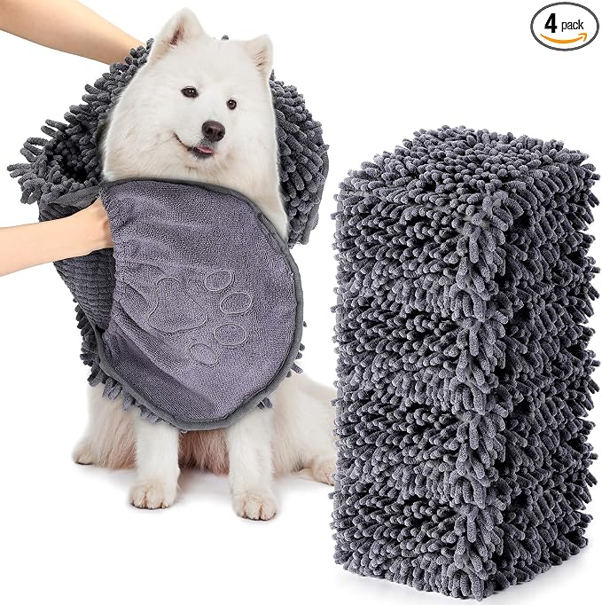 Newwiee 4 Pcs Large Dog Towels for Drying Dogs with Hand Pocket Microfiber Shammy Towel 32 x 14 in Dog Bath Towel Absorbent, Quick Drying, Machine Washable for Pet Puppy Clean Shower Supplies(Grey)