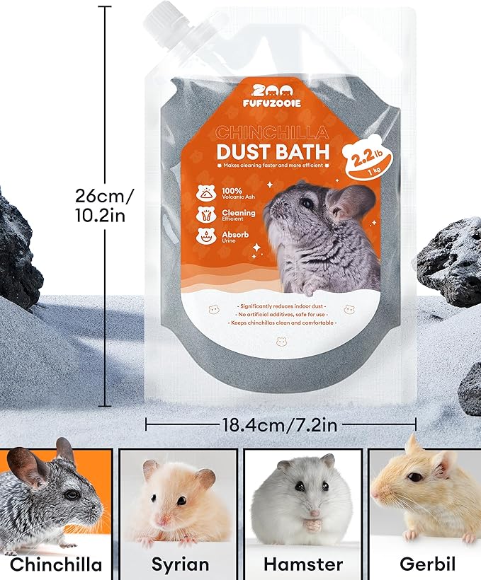Chinchilla Dust Bath – Gentle Dusting Powder for Chinchillas, Hamsters, Gerbils & Small Pets – Natural Sand Bath for Healthy Fur – 35oz (Grey)