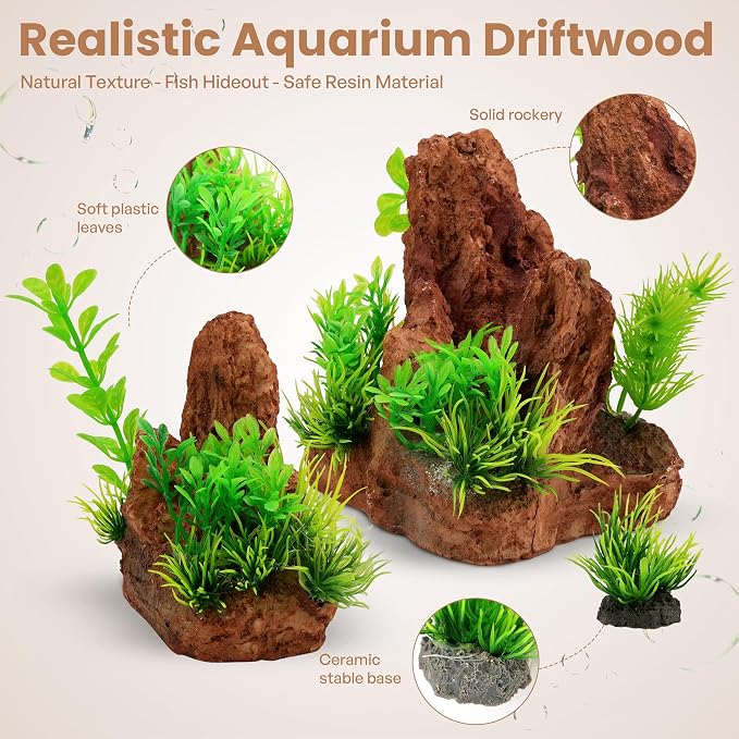 Fish Tank Decorations Artificial Small Resin Hideout Cave Plants | Resin hideout cave for fish tank decor, 6pcs aquarium decoration with lifelike plants, reduce stress for small tropical fish