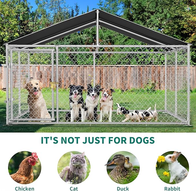 YITAHOME 10'x10' Outdoor Dog Enclosure with Metal Dog Gate, Dog Kennel Outside with Roof, Dog Fence Outdoor for Yard