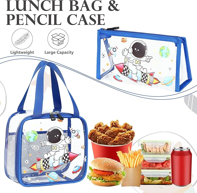 AO ALI VICTORY Clear Backpack for Boys Girls,15.6 Inch Kids Backpack Set with Lunch Bag Pencil Case PVC Elementary Bookbag for School Students See Through Transparent Travel Back Pack,Blue Astronaut