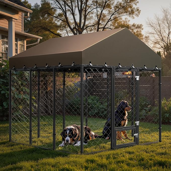 6x6FT Dog Kennel Outdoor with Roof - Heavy Duty Metal Fence Playpen for Large Dogs, Weatherproof Enclosure with Double Lock Gate & Feeding Swivel Door