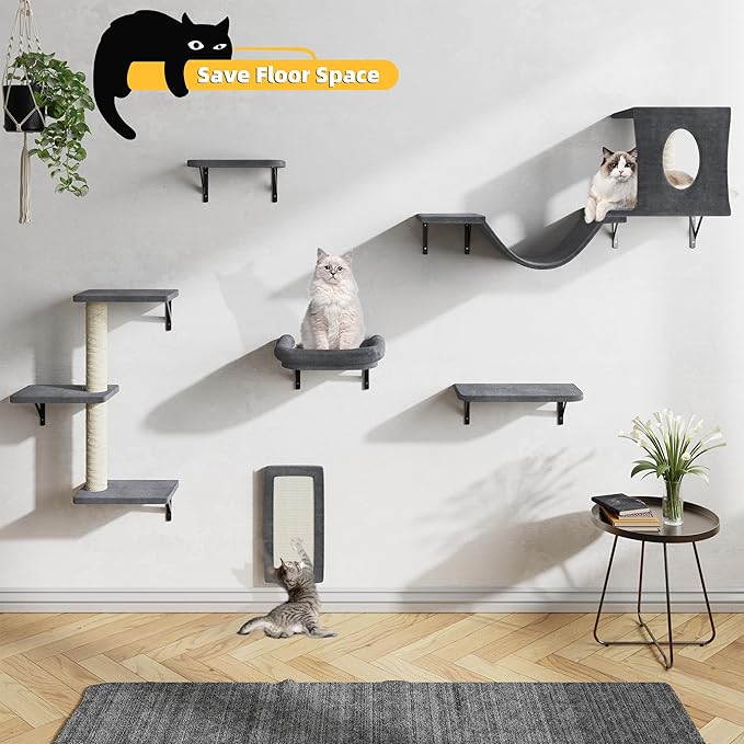 NUNU LAB Wall Mounted Cat Climber Set, 6 Pcs Cat Furniture Set with House, Bridge, Steps, Scratcher Board and Hammock, Shelves for Indoor, Luxury Walls Furniture(Dark)