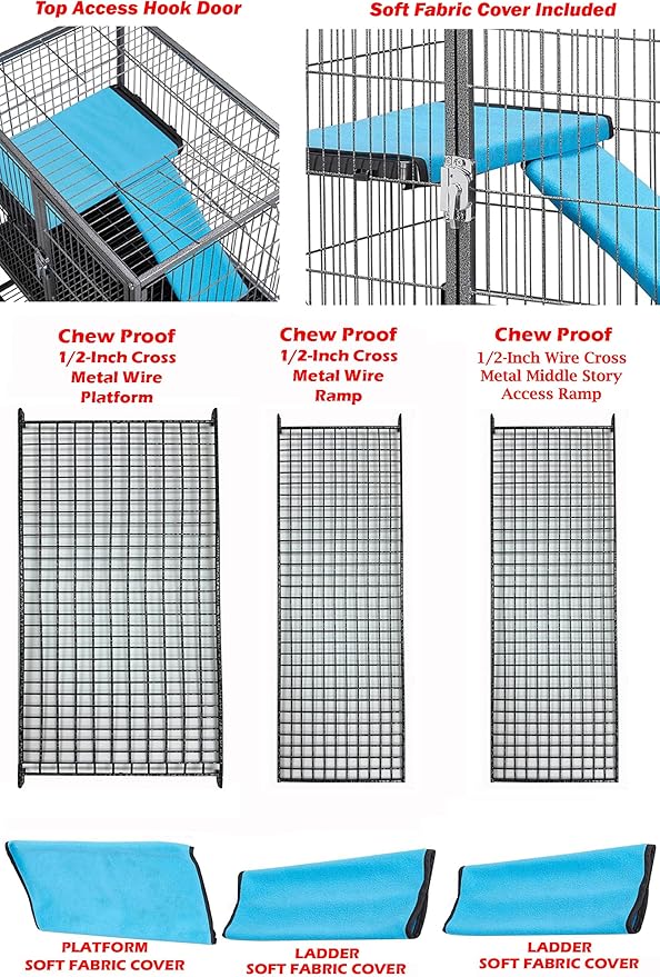 Deluxe Double Unit Two Full Story Durable Front Doors Tight 1/2-inch Wire Spacing Chew-Free Small Animal Critter Home Cage Water Bottle Food Bowl for Feisty Ferret Hammock Rat Mice On Wheels